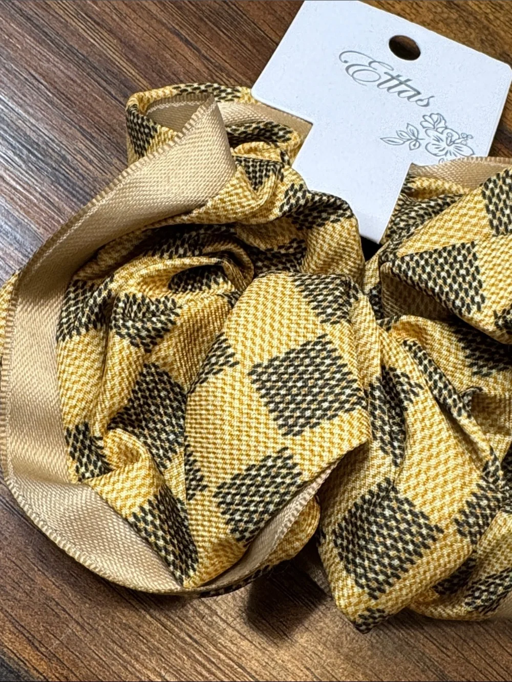 Ettas Mustard Black Plaid Satin Reversible Oversized Scrunchie NWT